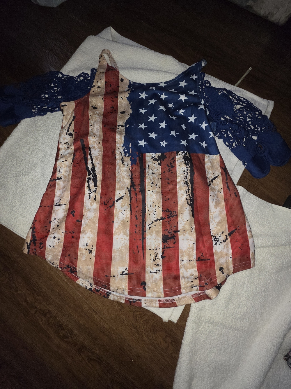 Source Unknown American Flag Cold-Shoulder Tank Top - Blue/Red/Cream